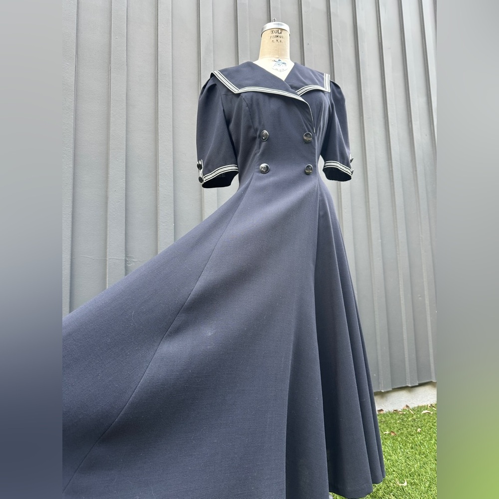 Vintage 1980s “American Design” Black Sailor Fuku Collar Short Sleeve Maxi Dress - Picture 13 of 15